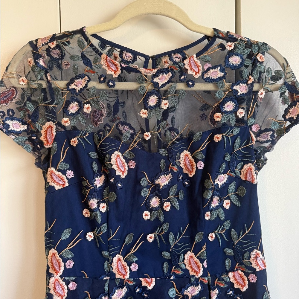 Adrianna Papell Navy Floral Embroidered Illusion Dress, Size 4 in EUC - Picture 4 of 6